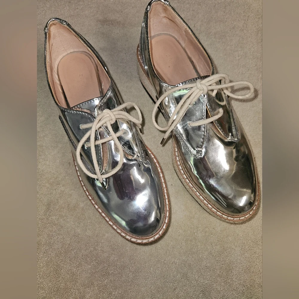 Zara Silver Metallic Platform Lace-Up Shoes with Cream Laces